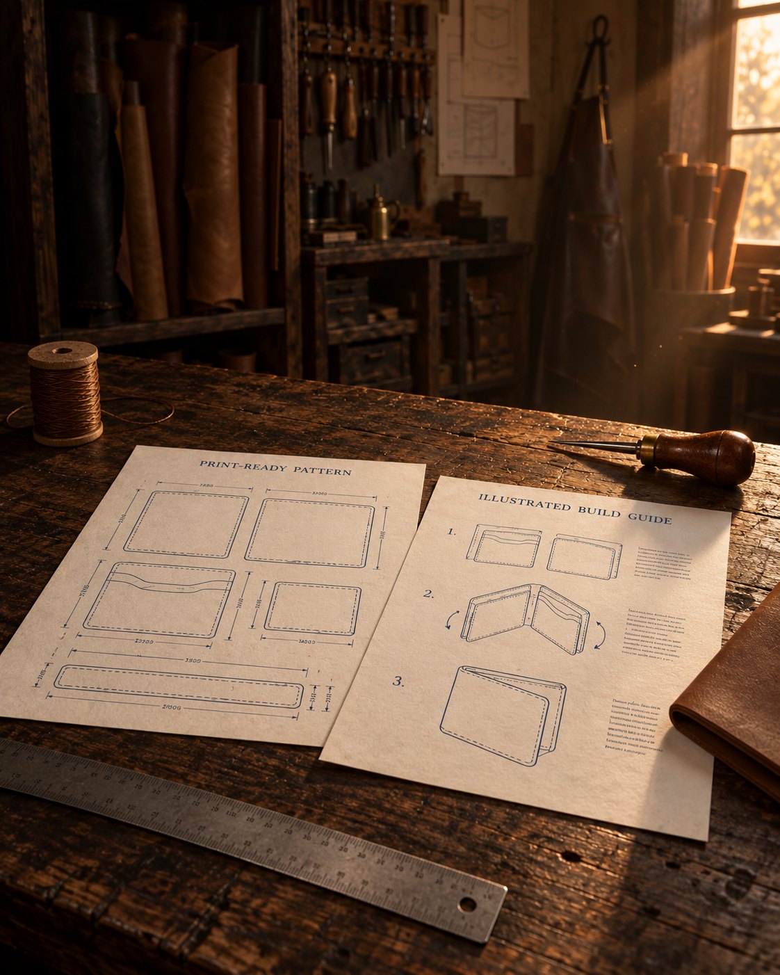 A leather workshop bench with two printed sheets on it: a print-ready pattern and an illustrated build guide