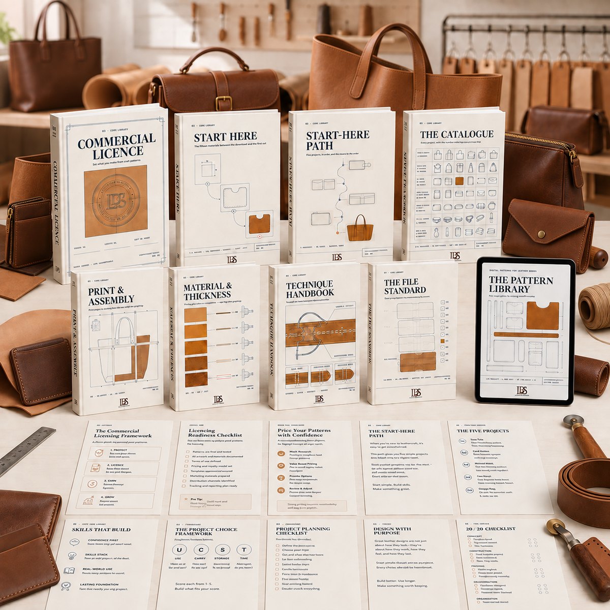 The eight reference manuals, the pattern library on a tablet and the printed sheets, on a workshop bench with cut leather pieces and hand tools
